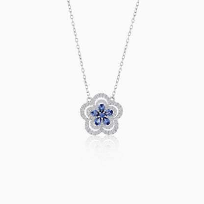 18K White Gold Flower shape Natural Diamonds & Blue Sapphire Pendant Chain