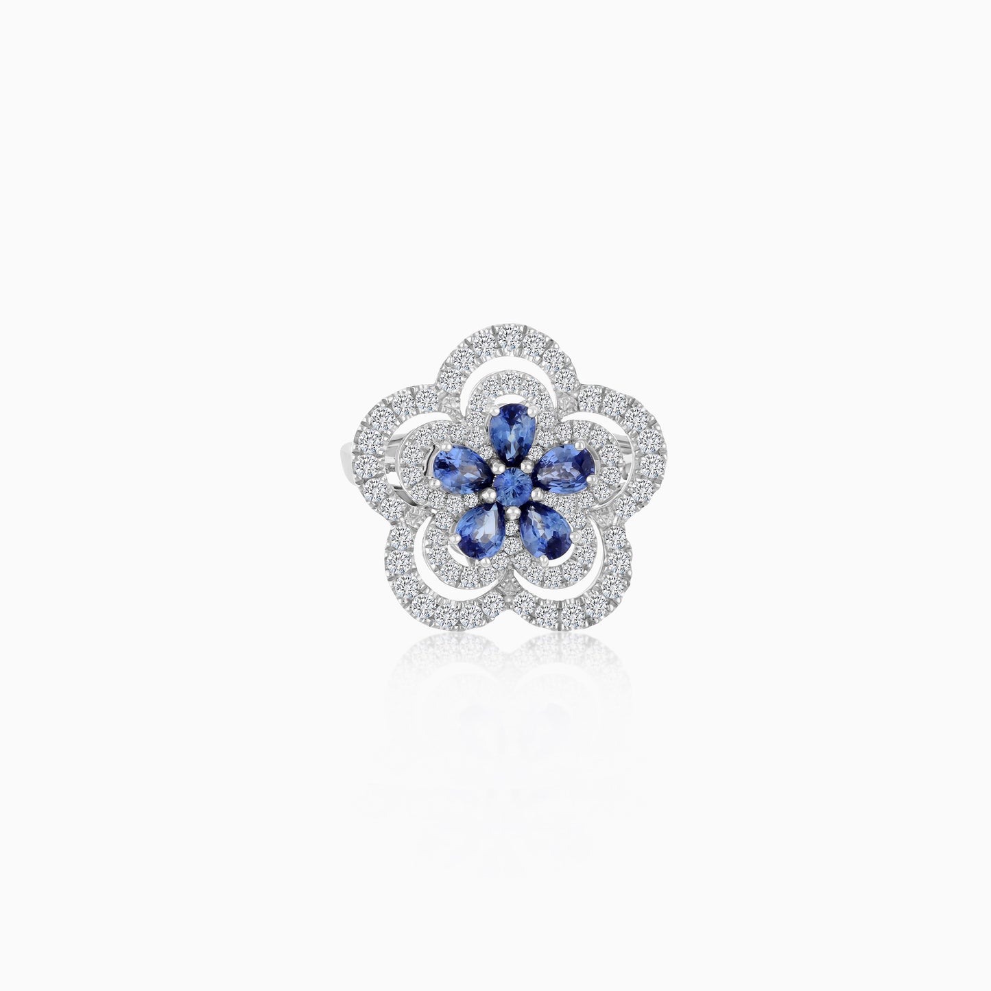 18K White Gold Flower shape Ring with Natural Diamonds & Blue Sapphire