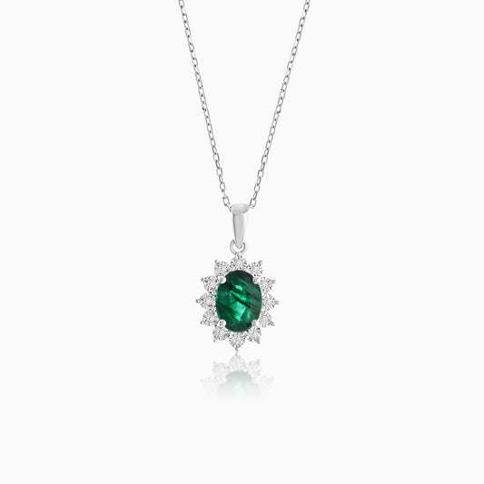 18K White Gold Pendant Chain Oval Emerald and Diamonds - Diana Collection