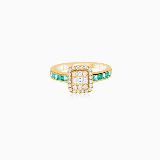 18K Yellow Gold Natural Emerald & Diamonds Ring - Carre Collection