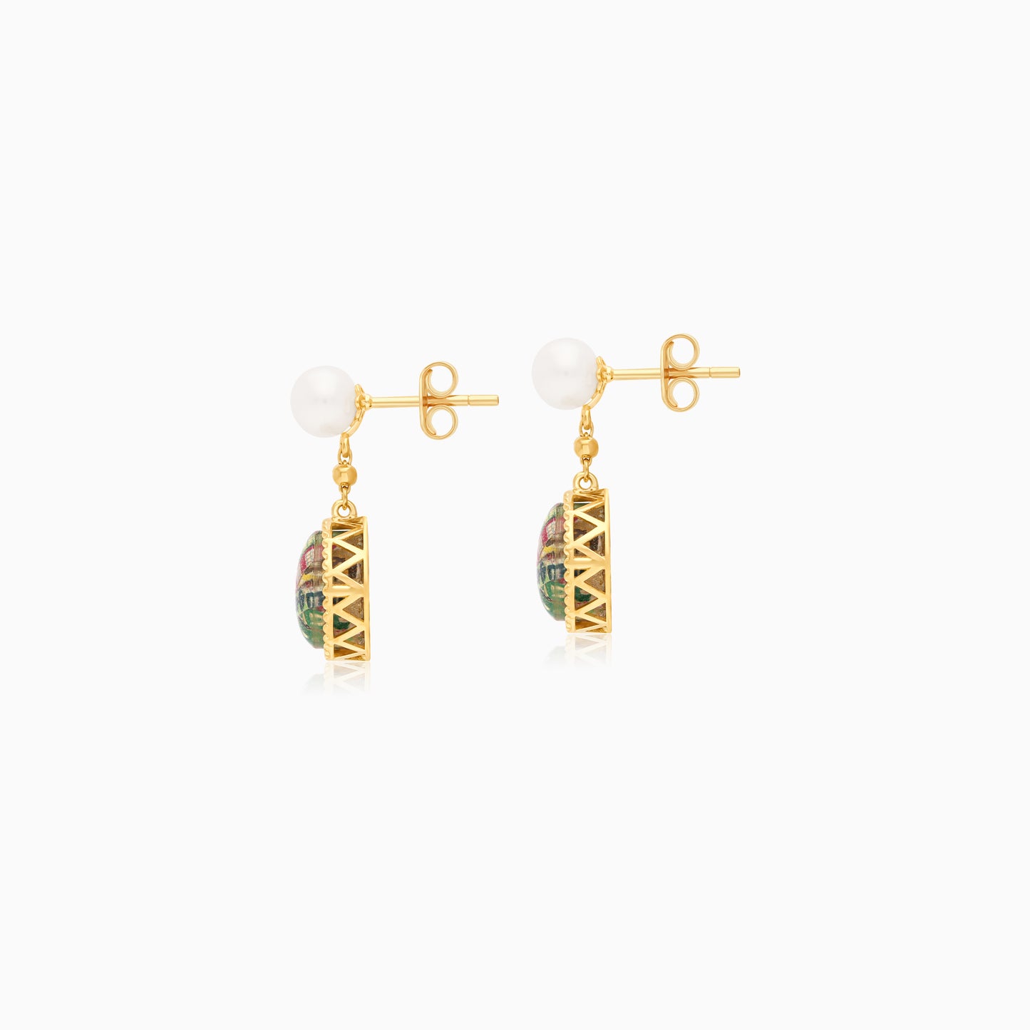 18K Yellow Gold Stud dangling Earrings with Pearls - Qelada Collection