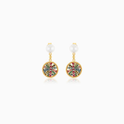18K Yellow Gold Stud dangling Earrings with Pearls - Qelada Collection