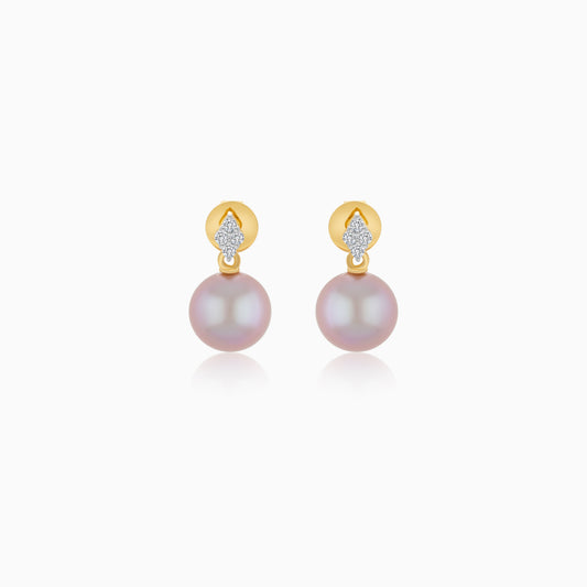 18K Yellow Gold Freshwater Pearl Stud Earrings and Natural Diamonds