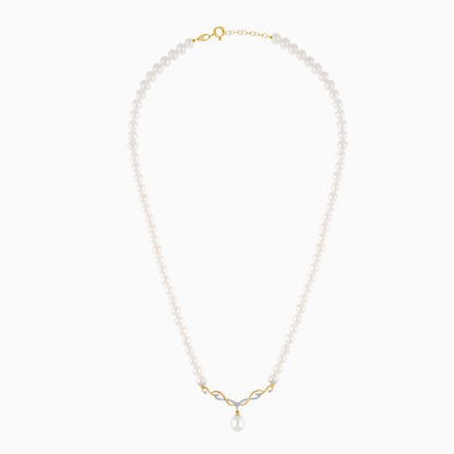 18K Yellow Gold Pearl Necklace With Natural Diamonds