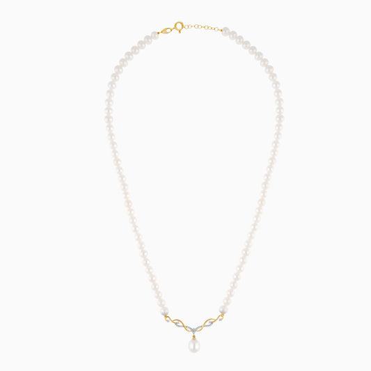 18K Yellow Gold Pearl Necklace With Natural Diamonds