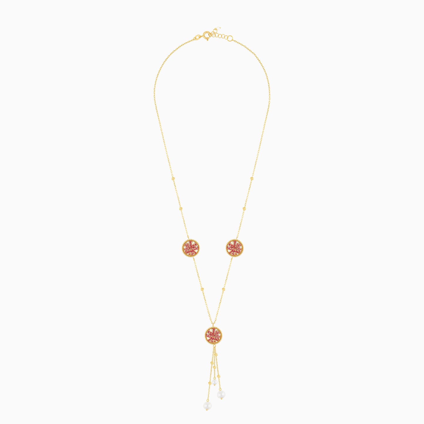 18K Yellow Gold dangling Necklace Pearls - Qelada