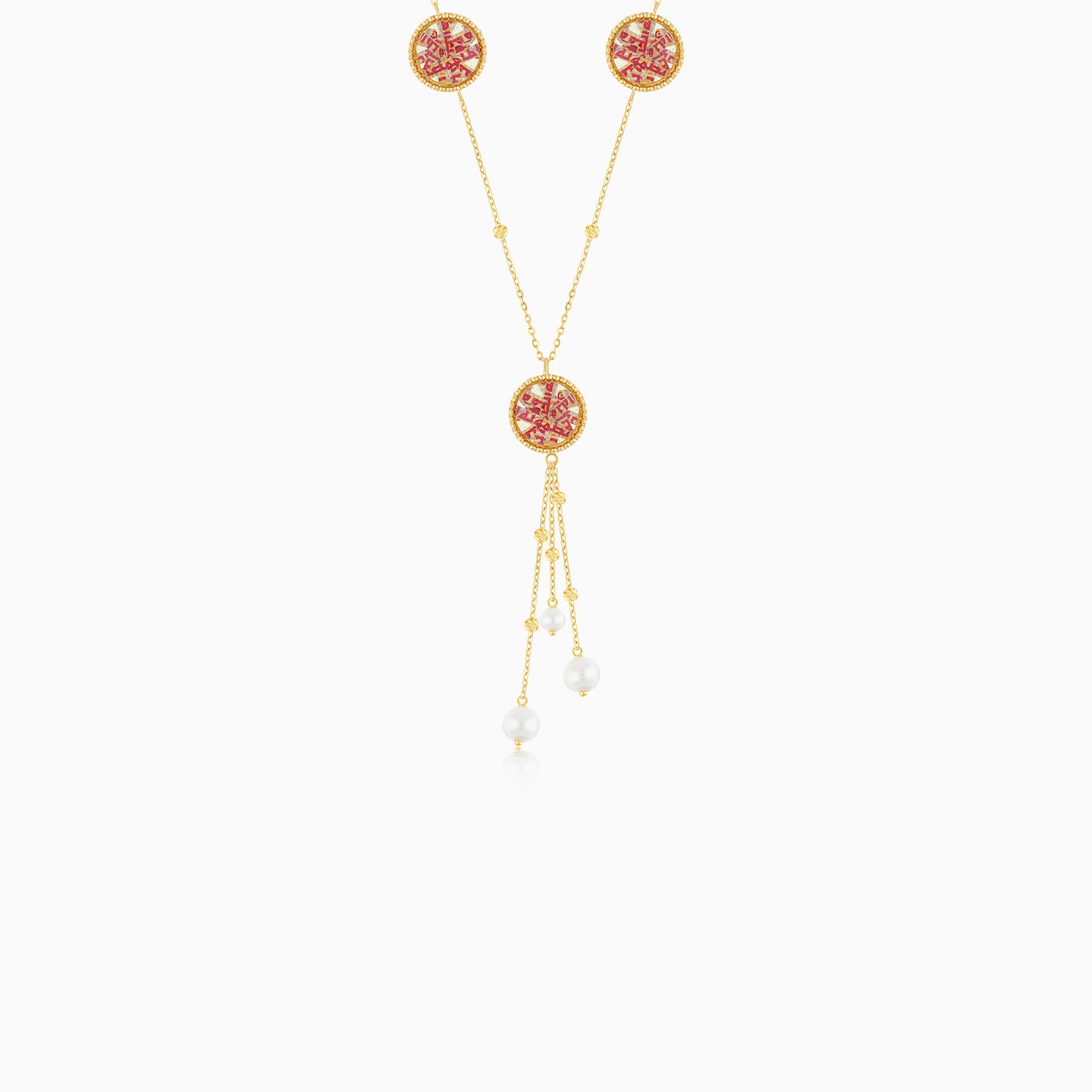 18K Yellow Gold dangling Necklace Pearls - Qelada
