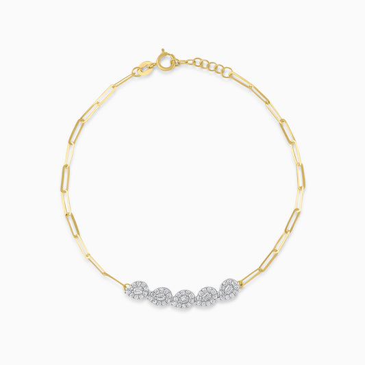 18K Yellow & White  Paper clip Bracelet with Zircon Drop shapes in the centre