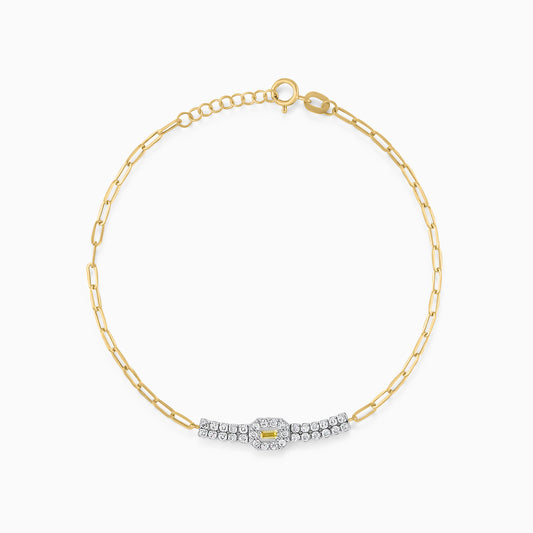 18K Yellow & White  Paperclip Chain Bracelet with Zircon Stones