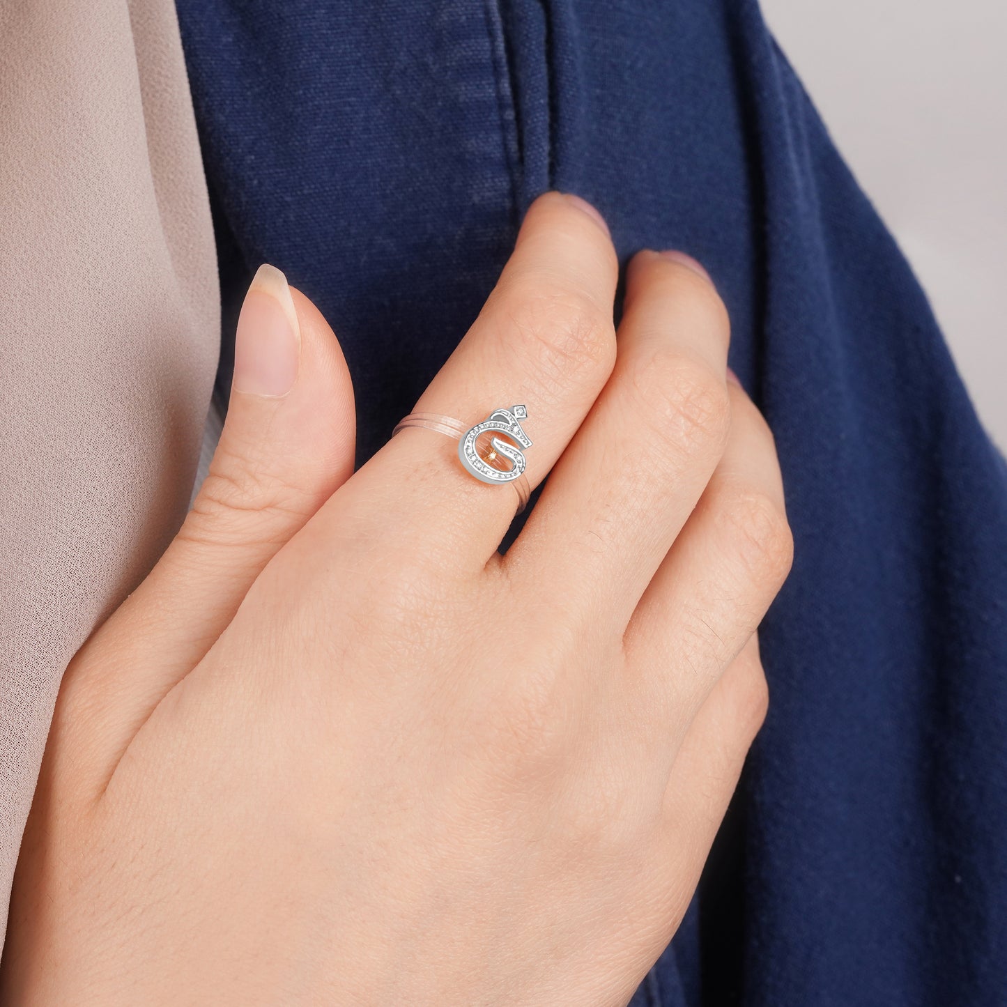 18K Gold Floating Ring "Khaa" Letter with Natural Diamonds