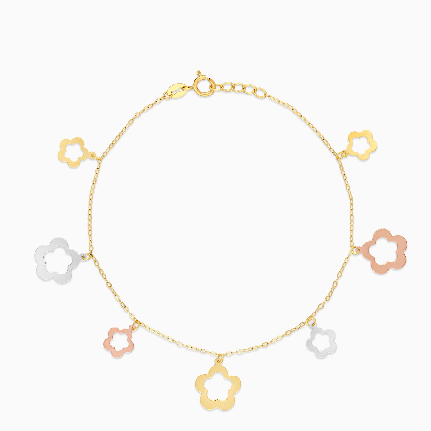 18K Multi-Colour Gold Charm Bracelet with 2 sizes Flowers Dangling