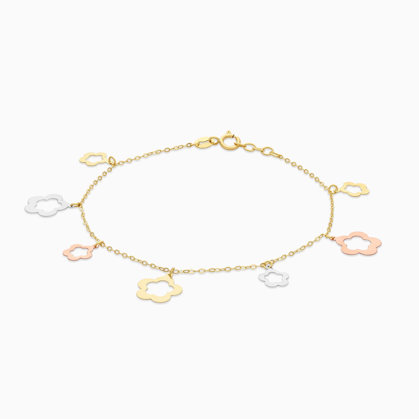 18K Multi-Colour Gold Charm Bracelet with 2 sizes Flowers Dangling