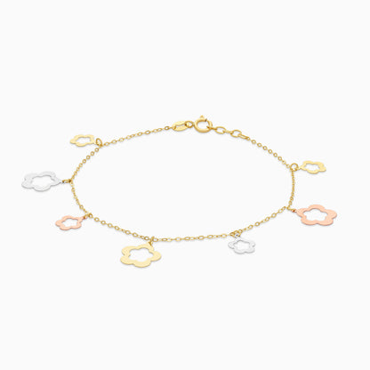 18K Multi-Colour Gold Charm Bracelet with 2 sizes Flowers Dangling
