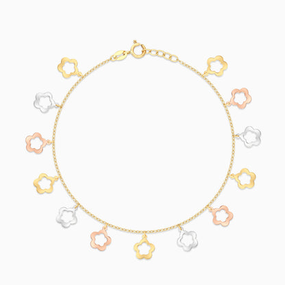 18K Multi-Colour Gold Charm Bracelet with Dangling Flowers