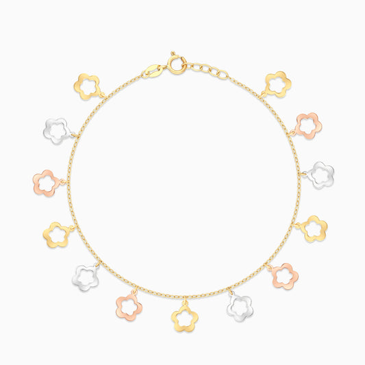 18K Multi-Colour Gold Charm Bracelet with Dangling Flowers