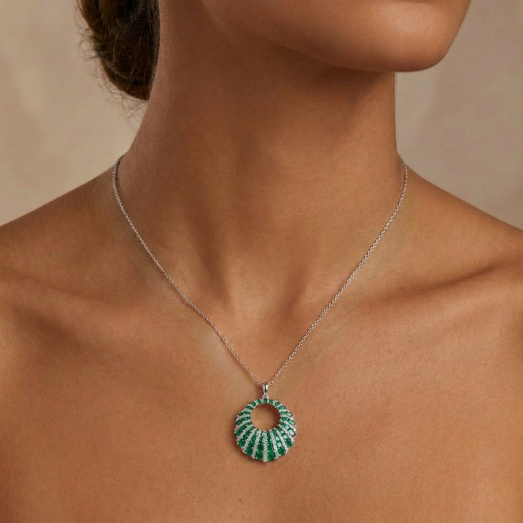 18K White Gold Chain with Natural Diamonds and Green Emerald