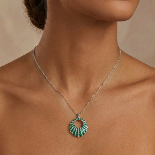 18K White Gold Chain with Natural Diamonds and Green Emerald