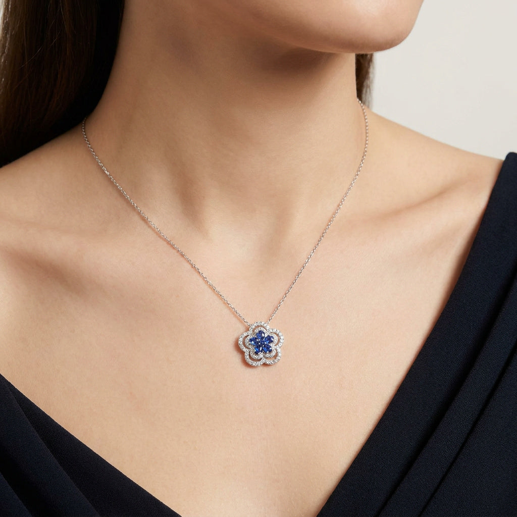18K White Gold Flower shape Natural Diamonds & Blue Sapphire Pendant Chain