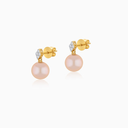 18K Yellow Gold Freshwater Pearl Stud Earrings and Natural Diamonds
