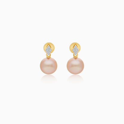 18K Yellow Gold Freshwater Pearl Stud Earrings and Natural Diamonds