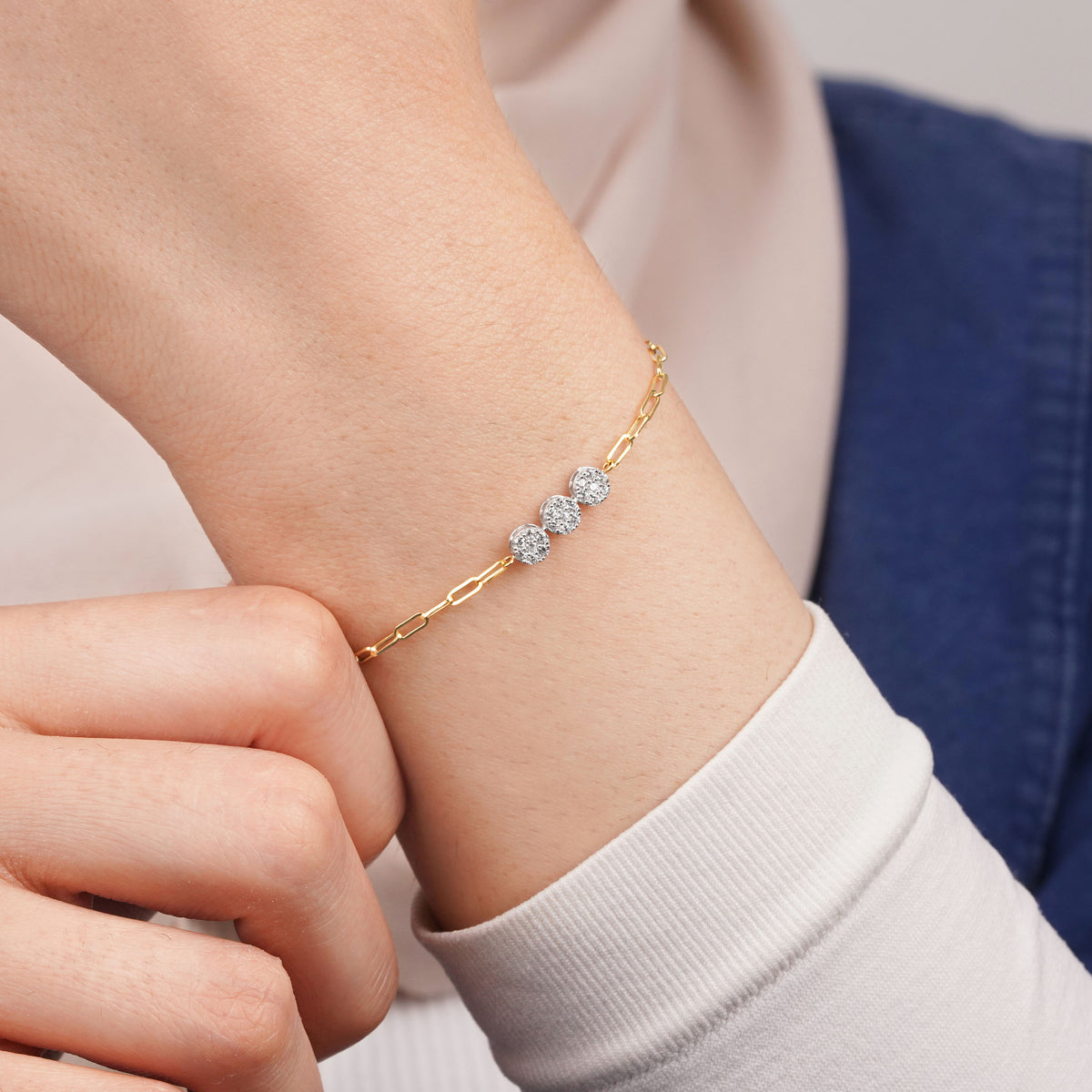 18K Yellow and White Gold Paperclip Bracelet with Zircon Stones