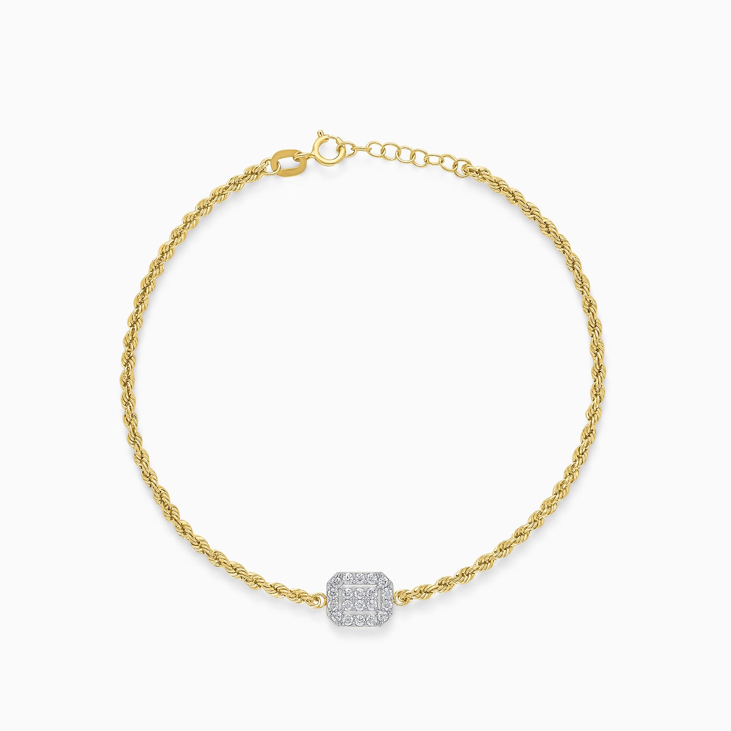 18K Yellow and white Gold Rope chain bracelet with rectangular zircon stones