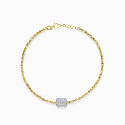 18K Yellow and white Gold Rope chain bracelet with rectangular zircon stones