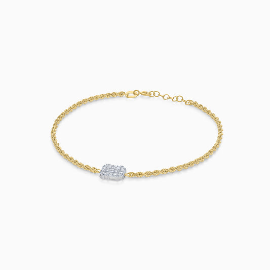 18K Yellow and white Gold Rope chain bracelet with rectangular zircon stones