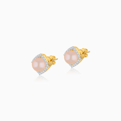 18K Yellow Gold Cultured Pearl and Natural Diamonds Stud Earrings
