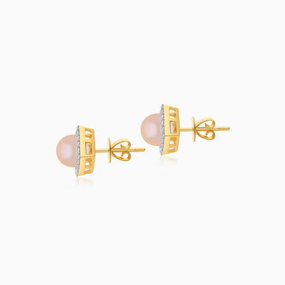 18K Yellow Gold Cultured Pearl and Natural Diamonds Stud Earrings