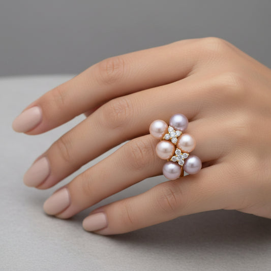 Multi-color pearls and natural diamonds Ring in 18k yellow gold | danah diamond collection