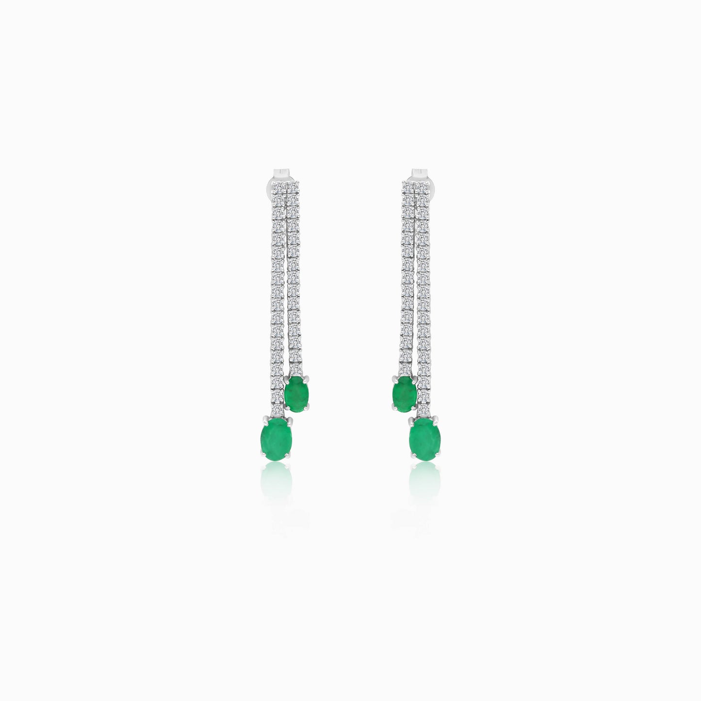 18k White Gold Natural Emerald & Diamonds Pair of Earrings
