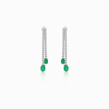 18k White Gold Natural Emerald & Diamonds Pair of Earrings