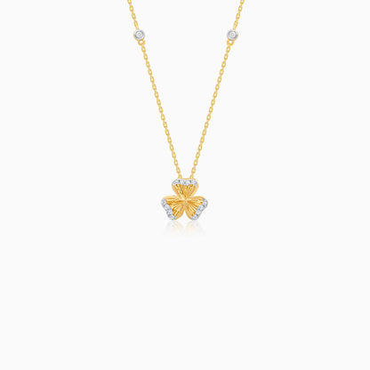 18k Yellow Gold Natural Diamond Accented Gold Clover Kids Necklace - Farfalla