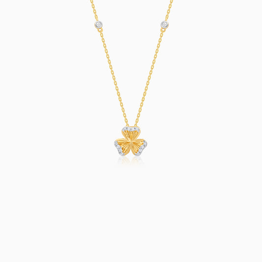 18k Yellow Gold Natural Diamond Accented Gold Clover Kids Necklace - Farfalla