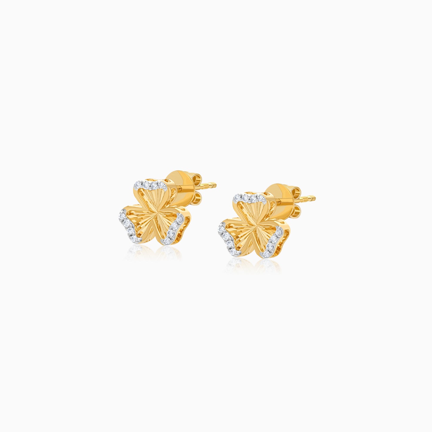 18k Yellow Gold Pair of Earrings with Natural Diamond Accented Gold Clover For Kids - Farfalla