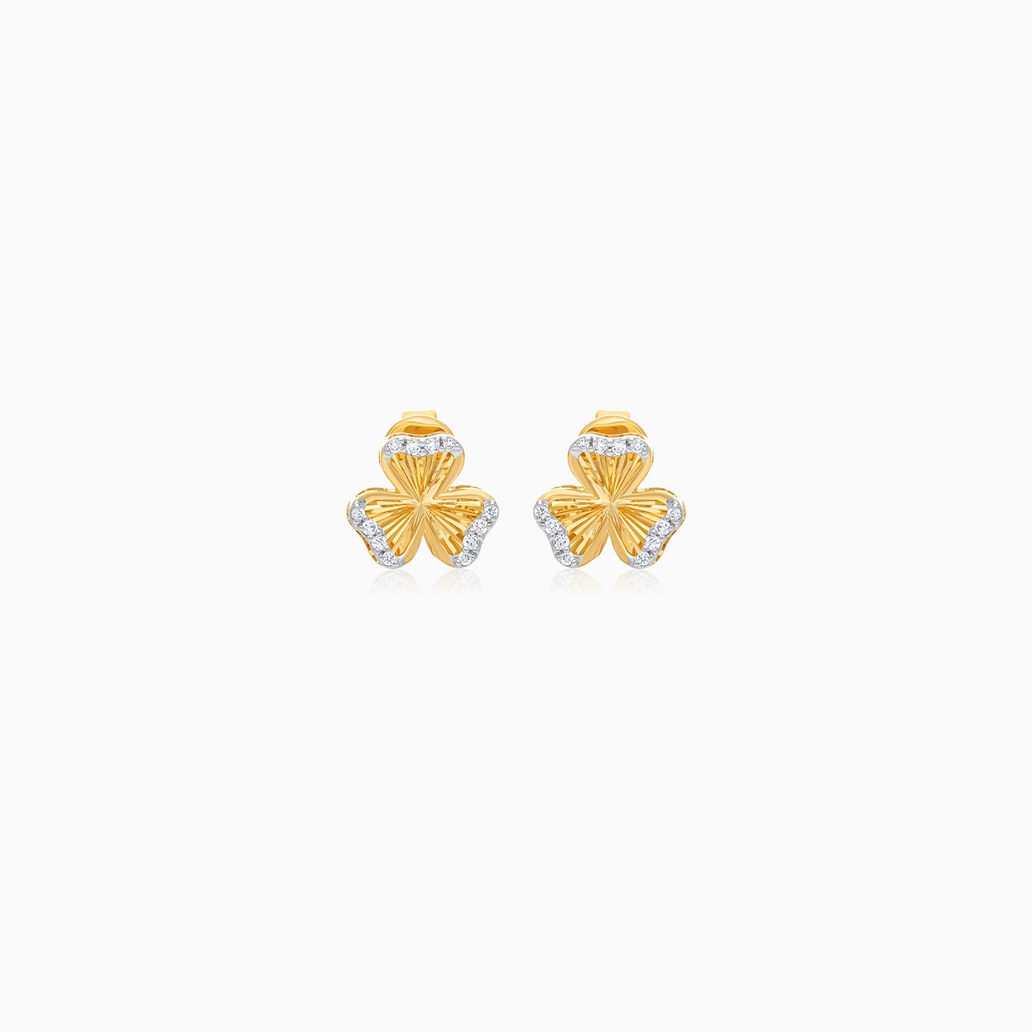 18k Yellow Gold Pair of Earrings with Natural Diamond Accented Gold Clover For Kids - Farfalla