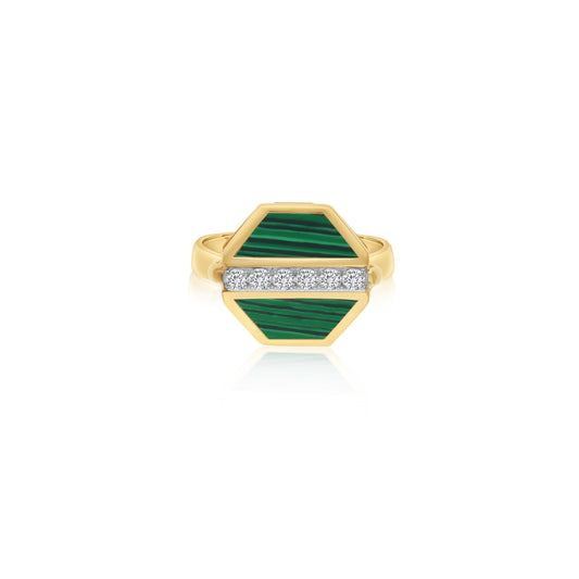 18k Yellow Gold Ring Malachite and Natural Diamonds - Bovo Collection