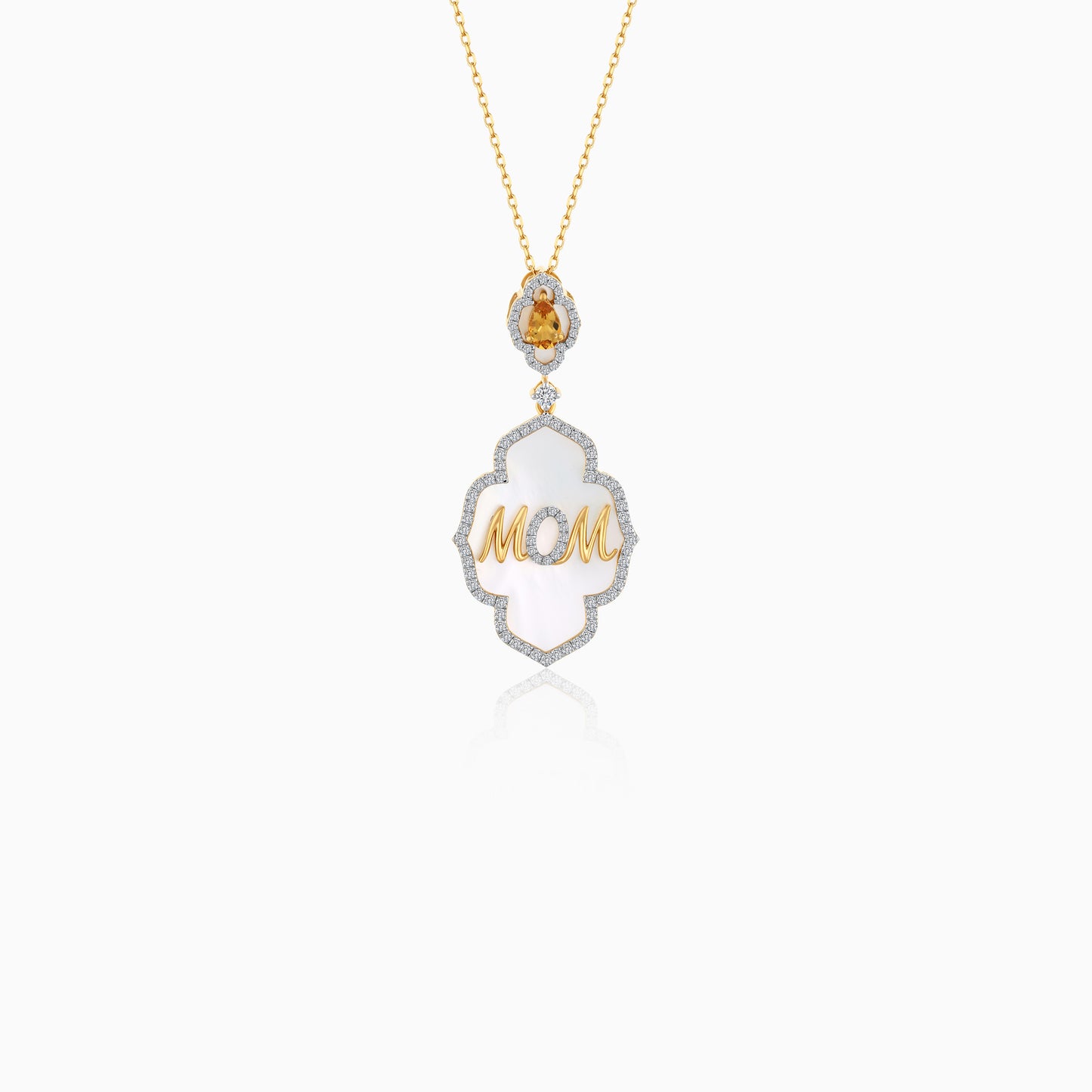 18k Yellow Gold Necklace " MOM" Pendant With Natural Diamonds, White MOP And Yellow Citrine