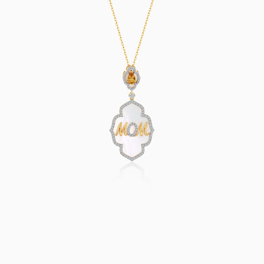 18k Yellow Gold Necklace " MOM" Pendant With Natural Diamonds, White MOP And Yellow Citrine