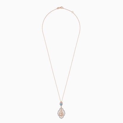 18k Rose Gold Necklace Arabic " My Mother " Pendant With Natural Diamonds, White MOP And Blue Topaz