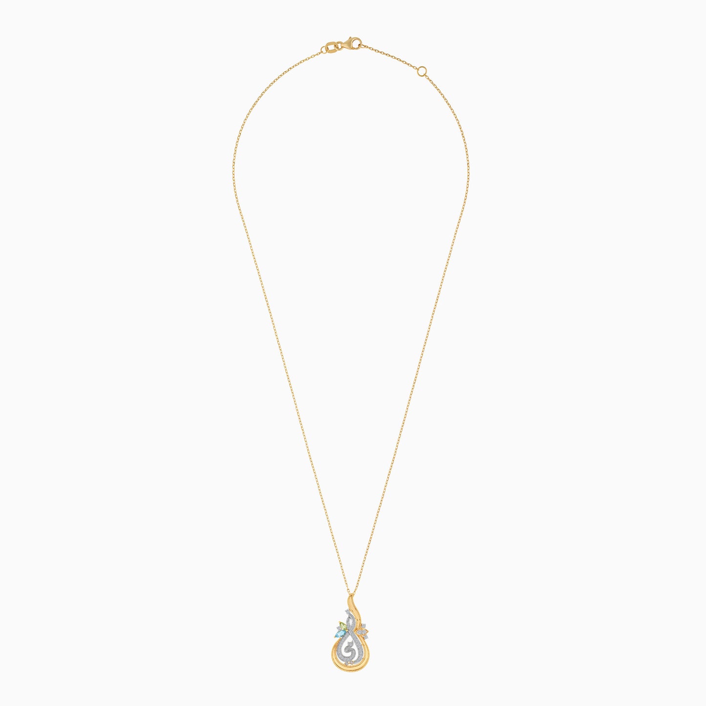18k Yellow Gold Arabic " My Mother " Necklace Decorated with Natural Diamonds,Blue Topaz and Green Peridot