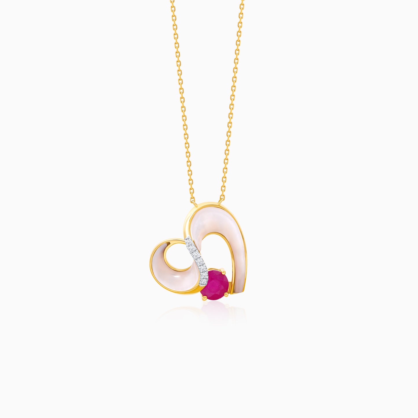 18k Yellow Gold Necklace with Mother of Pearl, Natural Diamonds & Ruby
