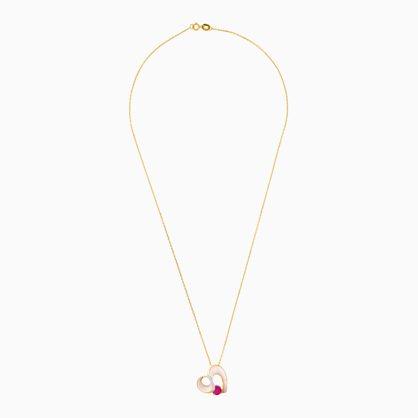 18k Yellow Gold Necklace with Mother of Pearl, Natural Diamonds & Ruby