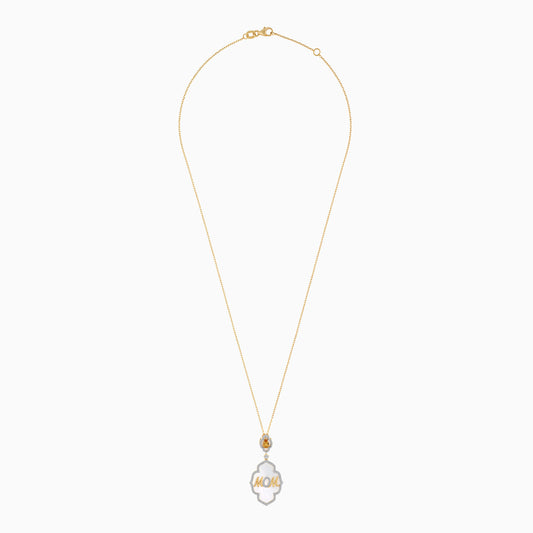 18k Yellow Gold Necklace " MOM" Pendant With Natural Diamonds, White MOP And Yellow Citrine