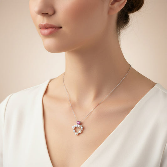 18k White Gold Pearl, Natural Diamond & Pink Sapphire Heart Pendant - Danah Diamond Collection