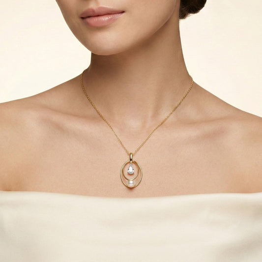18k Yellow Gold Necklace with Drop-Shaped Zircon & Single Pearl Pendant | Danah Collection