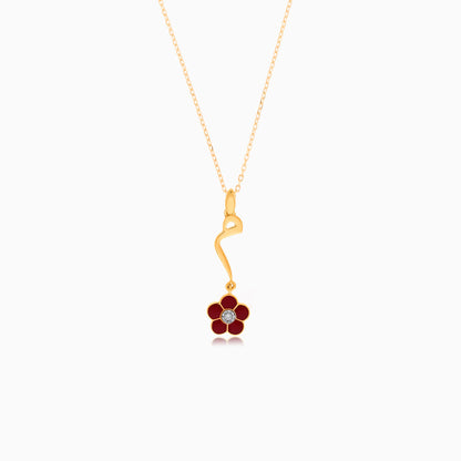 18K YELLOW GOLD KIDS NECKLACE WITH LETTER MEM IN ARABIC AND DANGLING MAROON FLOWER DECORATED BY NATURAL DIAMOND STONE IN THE CENTER