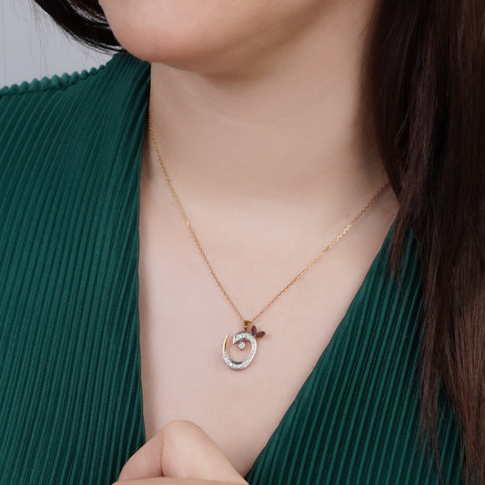18k Yellow Gold 'Noon' Arabic Letter Necklace with Diamonds & Garnet | Horoufi Diamond Collection