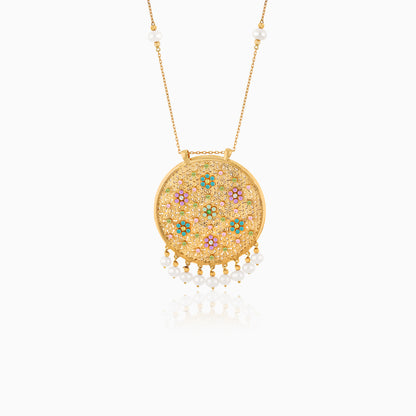 Shamsa Double-Face Pendant with artificial stones and Pearl in 18k Yellow Gold